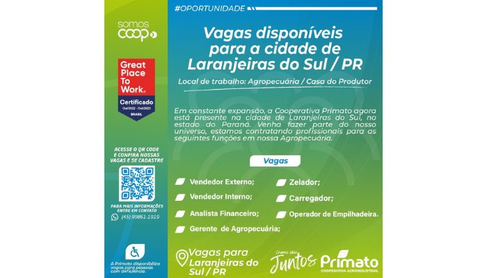 Laranjeiras – Casa do Produtor Primato está contratando